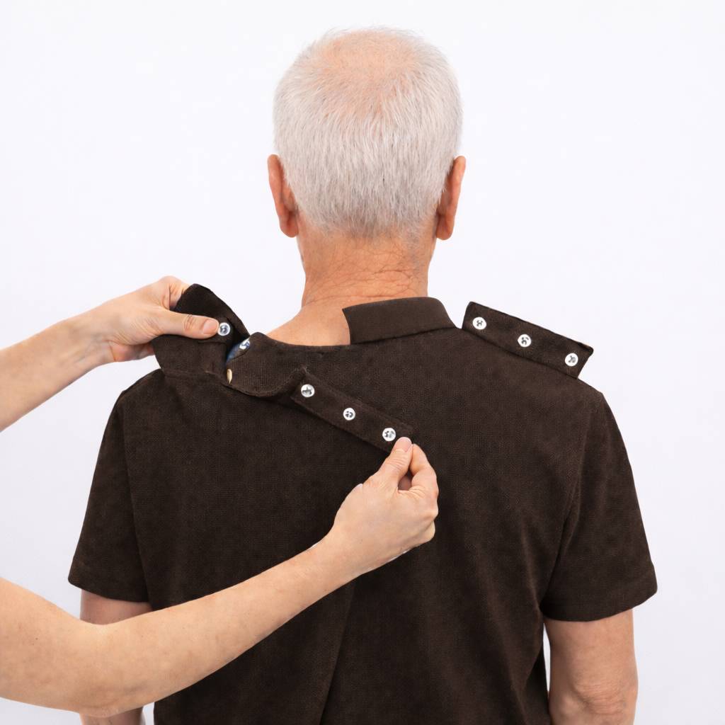 Brun polo ses bagfra med trykknapper ved skuldrene